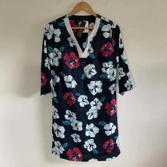 Talbots Dresses & Skirts - Talbots 100% Linen Beaded Neckline Navy Hibiscus Tropical Floral Tunic Dress XS